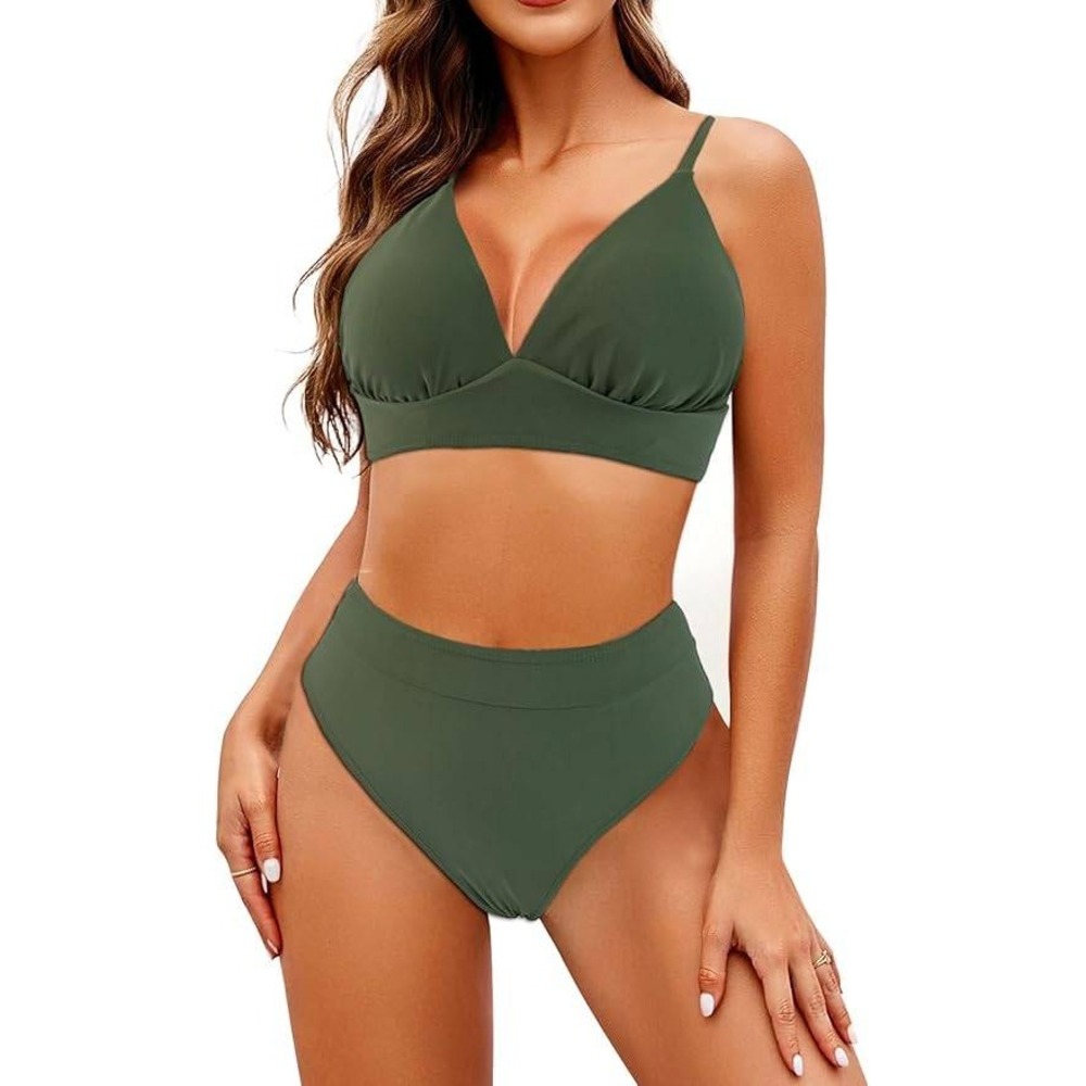Olive Green High Waisted Bikini Set V-Neck Ruched Two Piece Swimsuit